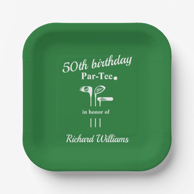 Plato De Papel Palos de Golf Par Tee Verde Blanco Cumpleaños 50 H (Anverso)