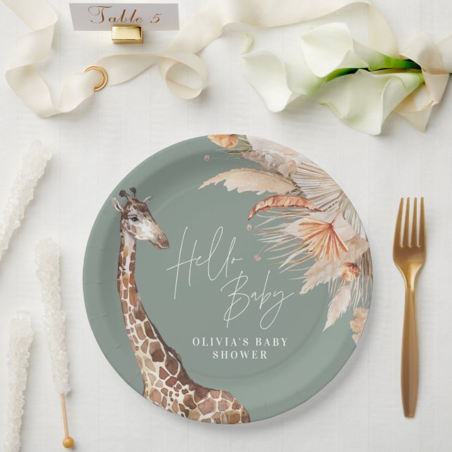 Plato De Papel Pampas botánicas jirafa safari sage verde (Boda)