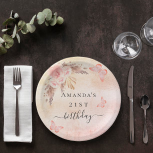 Plato De Papel Pampas de cumpleaños pasto rosa rubor mariposas de