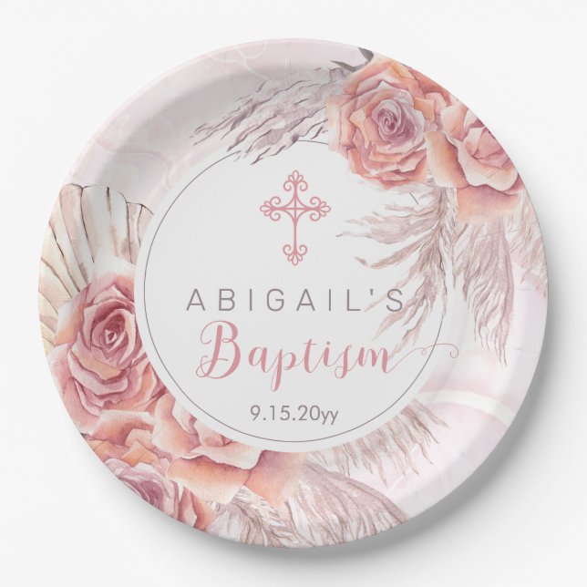 Plato De Papel Pampas Grass |Bautismo Chica de rosas rosadas (Anverso)
