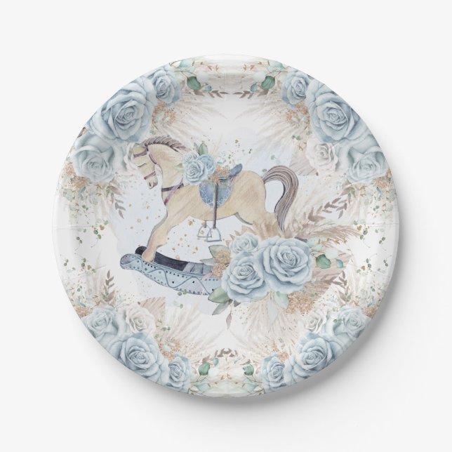 Plato De Papel Pampas Grass Blue Floral Rocke Horse Baby Shower (Anverso)