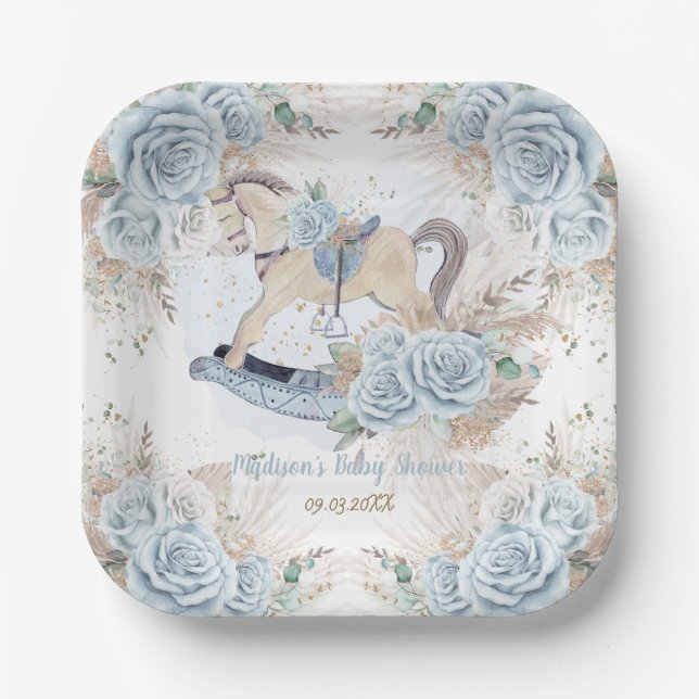 Plato De Papel Pampas Grass Blue Floral Rocke Horse Baby Shower (Anverso)