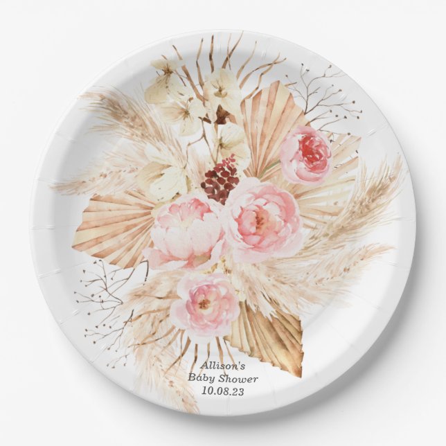 Plato De Papel Pampas Grass Boho Pink Flor Baby Shower (Anverso)