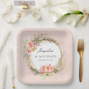 Plato De Papel Pampas Grass Boho Pink Rose Floral Wreath Bridal