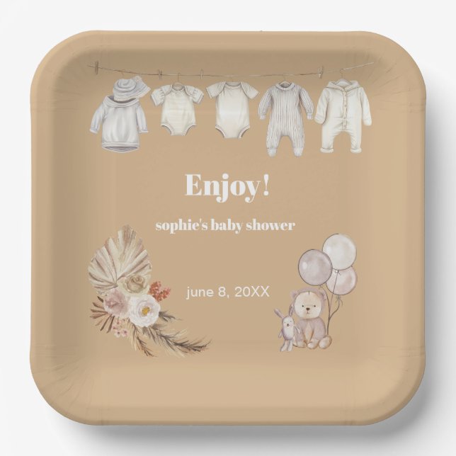 Plato De Papel Pampas Grass Boho Podemos Esperar A Baby Shower (Anverso)