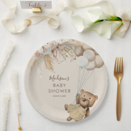 Plato De Papel Pampas Grass Boho Teddy Bear Baby Shower