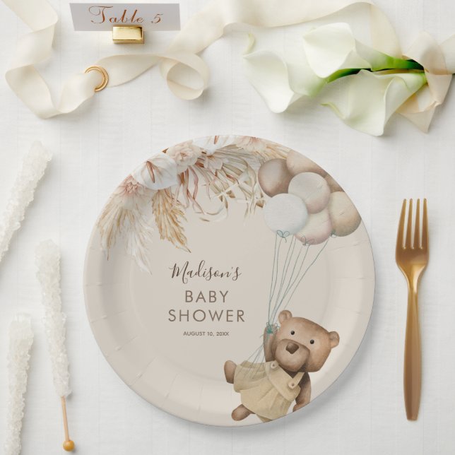 Plato De Papel Pampas Grass Boho Teddy Bear Baby Shower (Boda)