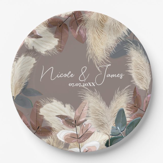 Plato De Papel Pampas Grass & Leaves Earthy Bohemira Boda (Anverso)