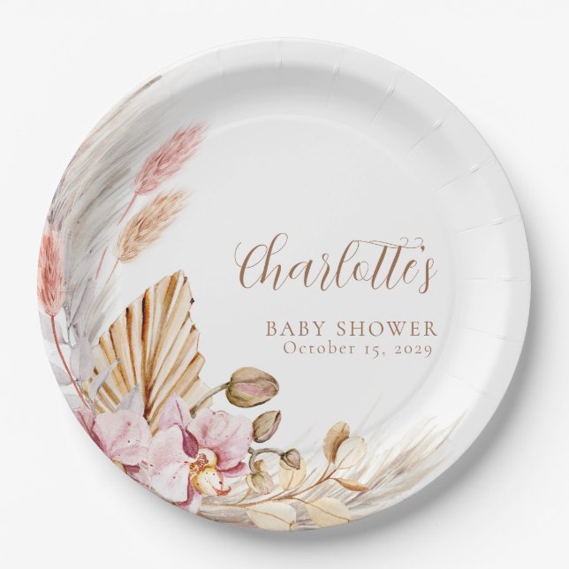 Plato De Papel Pampas Grass Pink Brown Floral | BABY SHOWER (Anverso)