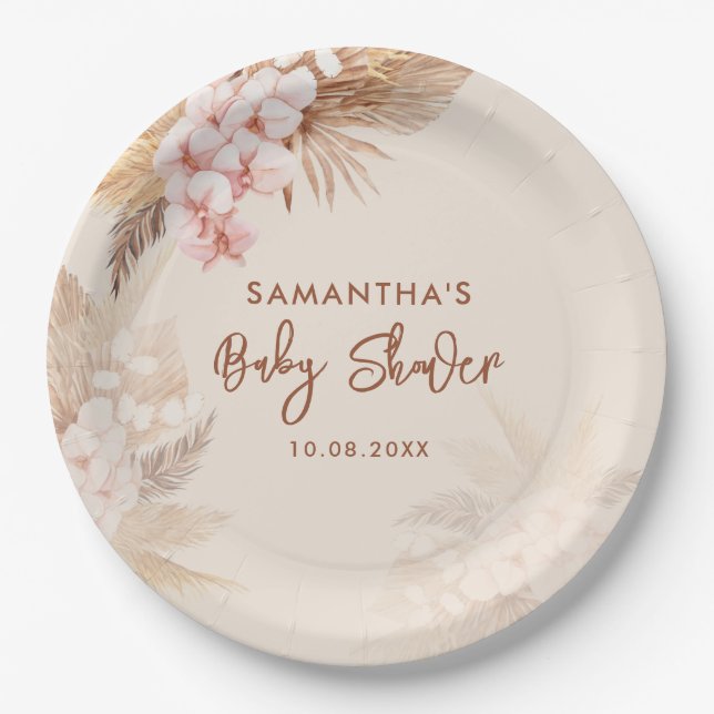 Plato De Papel Pampas Grass Script Terracotta Baby Shower (Anverso)