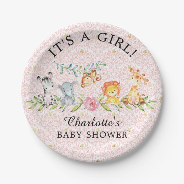Plato De Papel Pan Baby Shower 7" de animales de safari dulces (Anverso)