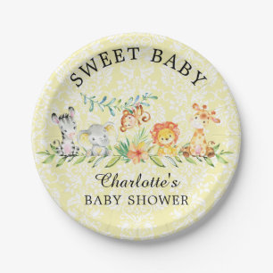 Plato De Papel Pan Baby Shower 7" de animales de safari dulces
