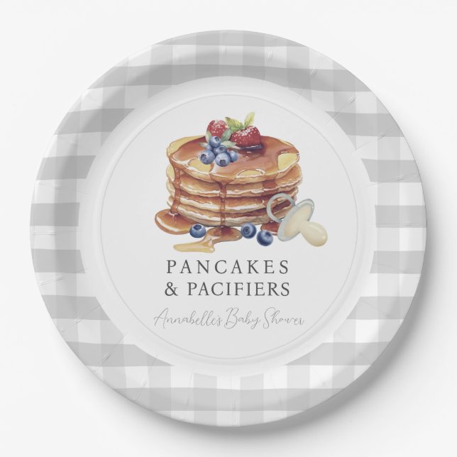 Plato De Papel Pancakes & Pacifiers Gray Gingham Baby Shower (Anverso)