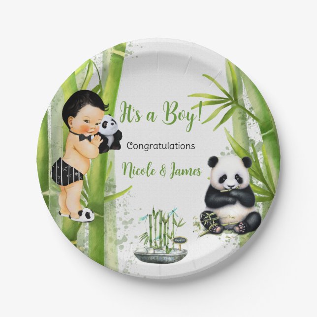 Plato De Papel Panda Bamboo Tema niño bebé Verde Blanco negro (Anverso)