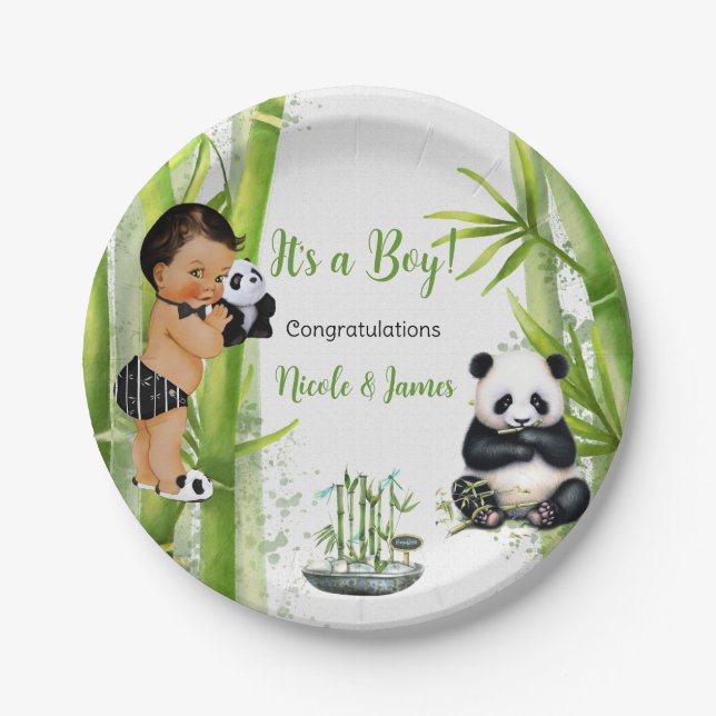 Plato De Papel Panda Bamboo Tema niño bebé Verde Blanco negro (Anverso)