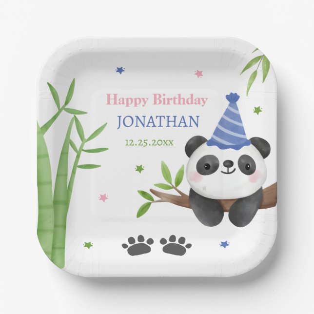 Plato De Papel Panda Bear Green Bamboo Kids Birthday  (Anverso)
