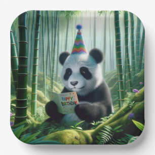 Plato De Papel Panda Bear leyendo una tarjeta de cumpleaños