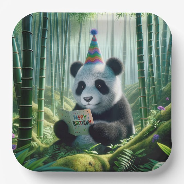 Plato De Papel Panda Bear leyendo una tarjeta de cumpleaños (Anverso)