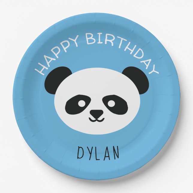 Plato De Papel Panda Bear personalizado Kawaii Birthday Boys Blue (Anverso)