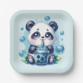 Plato De Papel Panda Beber té de burbuja de Boba azul