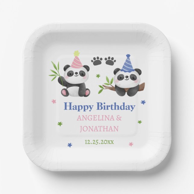 Plato De Papel Panda Boy and Girl Joint Birthday  (Anverso)