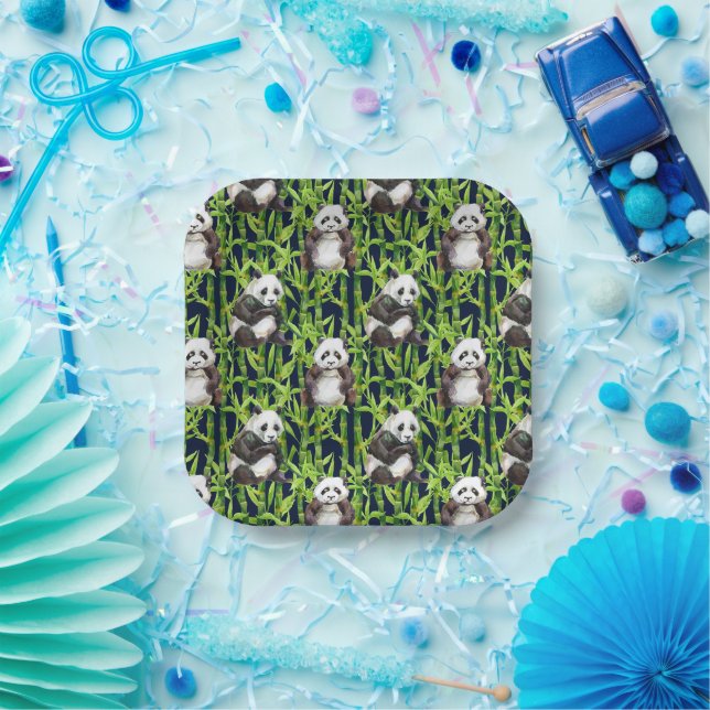 Plato De Papel Panda Con Patrón De Acuarela De Bambú (Fiesta)