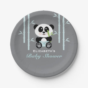 Plato De Papel Panda de bambú azul Baby Shower