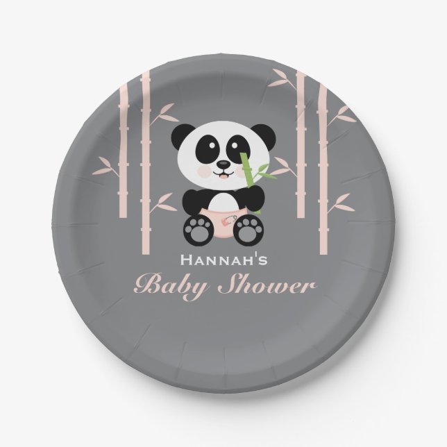 Plato De Papel Panda de bambú rosada Baby Shower (Anverso)