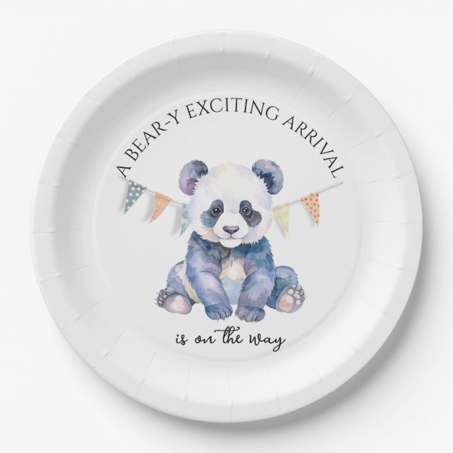 Plato De Papel Panda de bebé acuarela con banderas de amarre (Anverso)