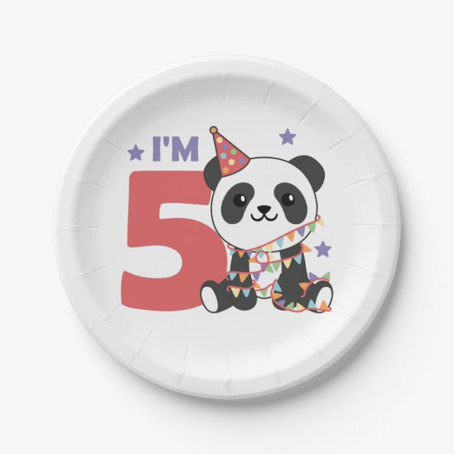 Plato De Papel Panda De Quinto Cumpleaños Para Niños 5 Años Placa (Anverso)