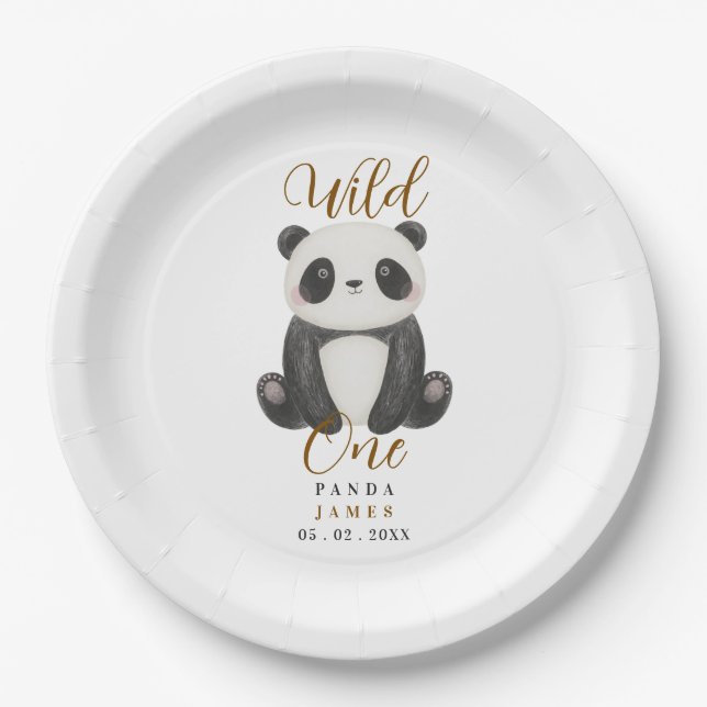 Plato De Papel panda lindo salvaje primero cumpleaños  (Anverso)