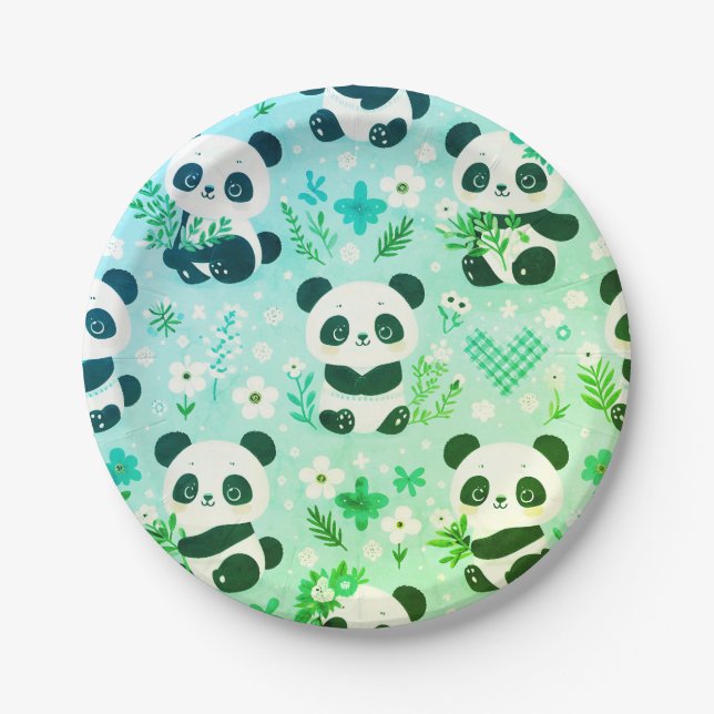 Plato De Papel Panda Patrón de oso Impresión verde (Anverso)