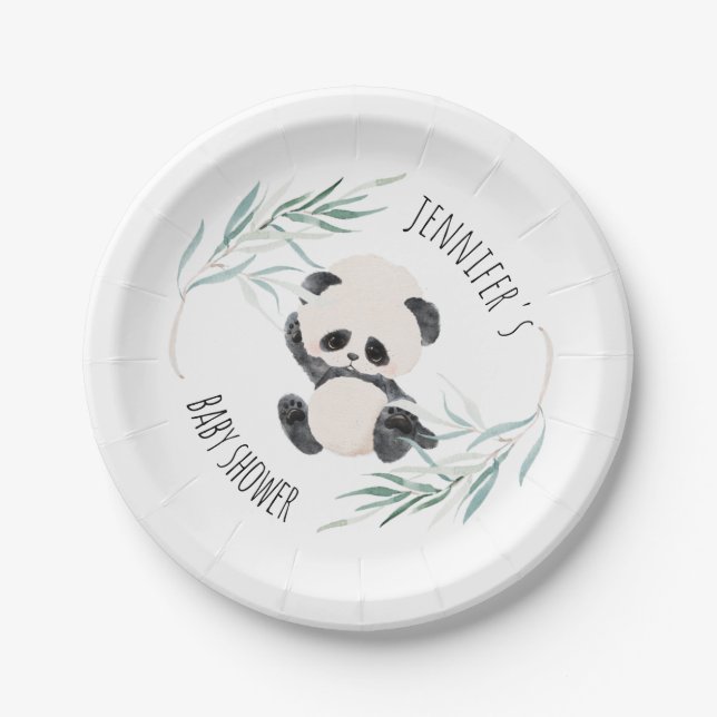 Plato De Papel Panda Unisex Género Neutral Baby Shower acuarela (Anverso)