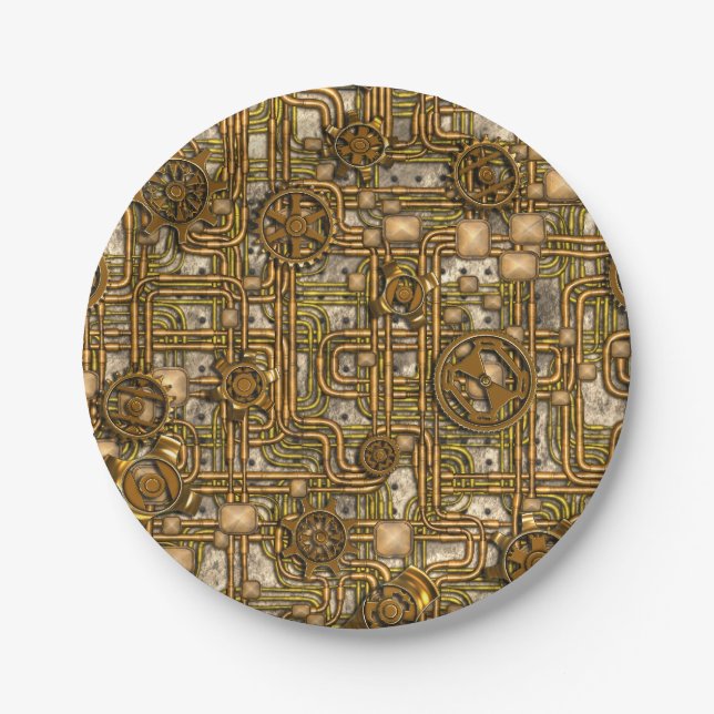 Plato De Papel Panel Steampunk - Gears and Pipes - Brass (Anverso)