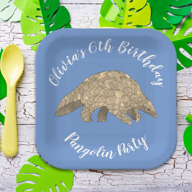 Plato De Papel Pangolin Fiesta Niños 6 cumpleaños Azul Añadir nom (Cute pangolin 6th birthday party custom blue paper plate)