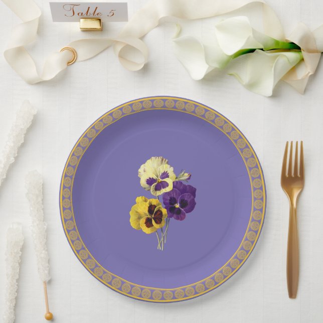 Plato De Papel Pansias, morado y amarillo (Boda)