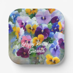 Plato De Papel Pansies Happy Birthday