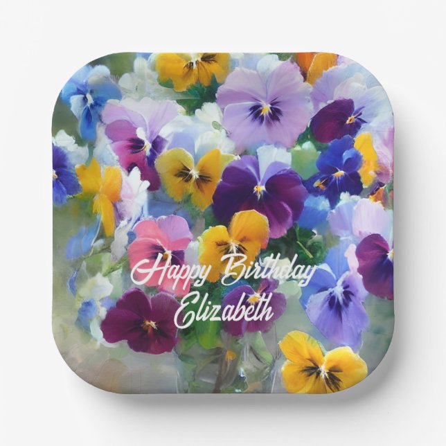 Plato De Papel Pansies Happy Birthday (Anverso)