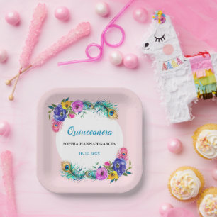 Plato De Papel Pañuelas de pavo real y flores Rosa Quinceañera Ru