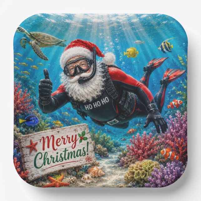 Plato De Papel Papá Noel Buceador Navidad Subacuática (Anverso)