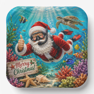 Plato De Papel Papá Noel Buceador Navidad Subacuática