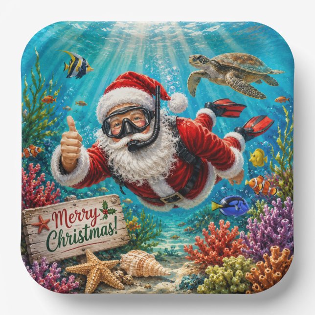 Plato De Papel Papá Noel Buceador Navidad Subacuática (Anverso)