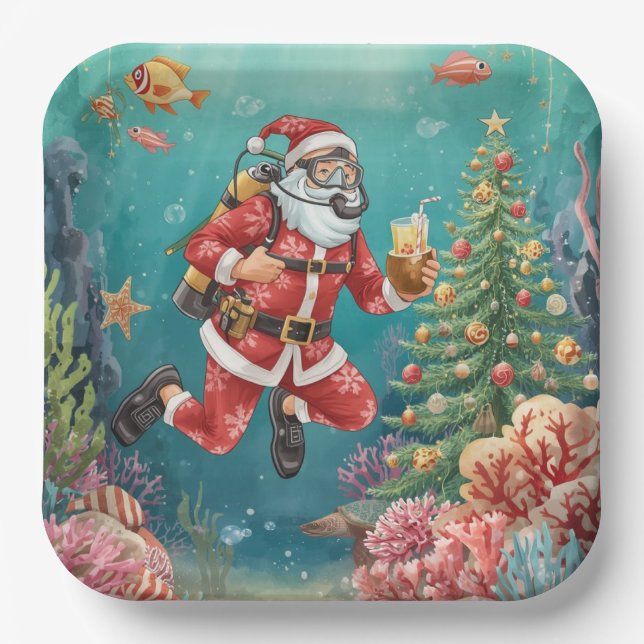 Plato De Papel Papá Noel Buceador Navidad Subacuática (Anverso)