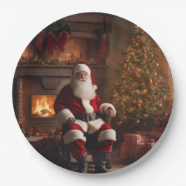 Plato De Papel Papá Noel con árbol de Navidad y chimenea