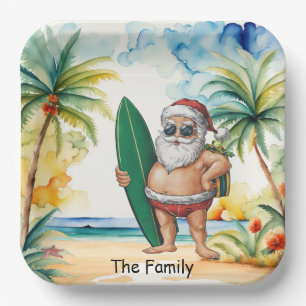 Plato De Papel Papá Noel con tabla de surf en la playa Navidad