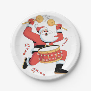 Plato De Papel Papá Noel divertido tocando la batería en Navidad