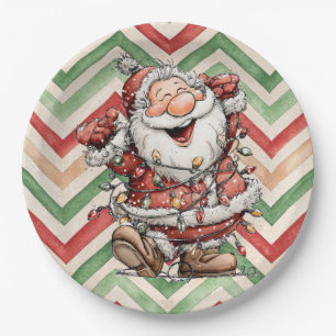 Plato De Papel Papá Noel enredado en luces de Navidad
