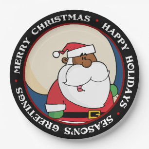 Plato De Papel Papá Noel negro con saco de juguete