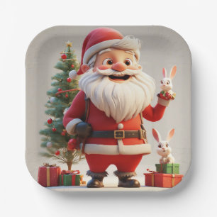 Plato De Papel Papá Noel sosteniendo un regalo con conejos