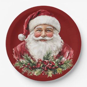 Plato De Papel Papá Noel Vintage Rojo Navidad 
